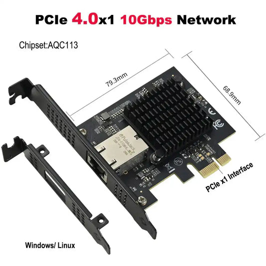 10G対応PCI Express内蔵カード IO-PCE1131-GLANの寸法図。PCIe 4.0 x1インターフェースとAQC113チップ搭載で最大10Gbps対応。