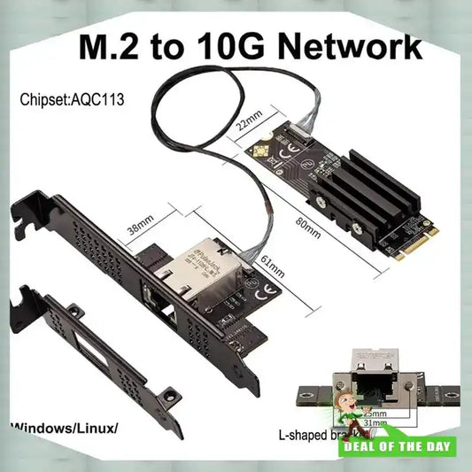 M.2B+M 10Gネットワークカードの構造図。RJ45ポート搭載でMarvell AQC113チップ採用、Windows/Linux対応。