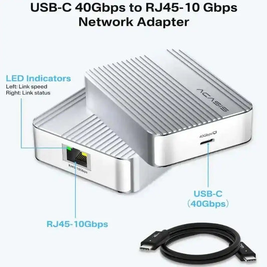 USB-C 40GbpsからRJ45 10Gbps対応のAcasisネットワークアダプター。LEDインジケーター付きで接続状態を確認可能。